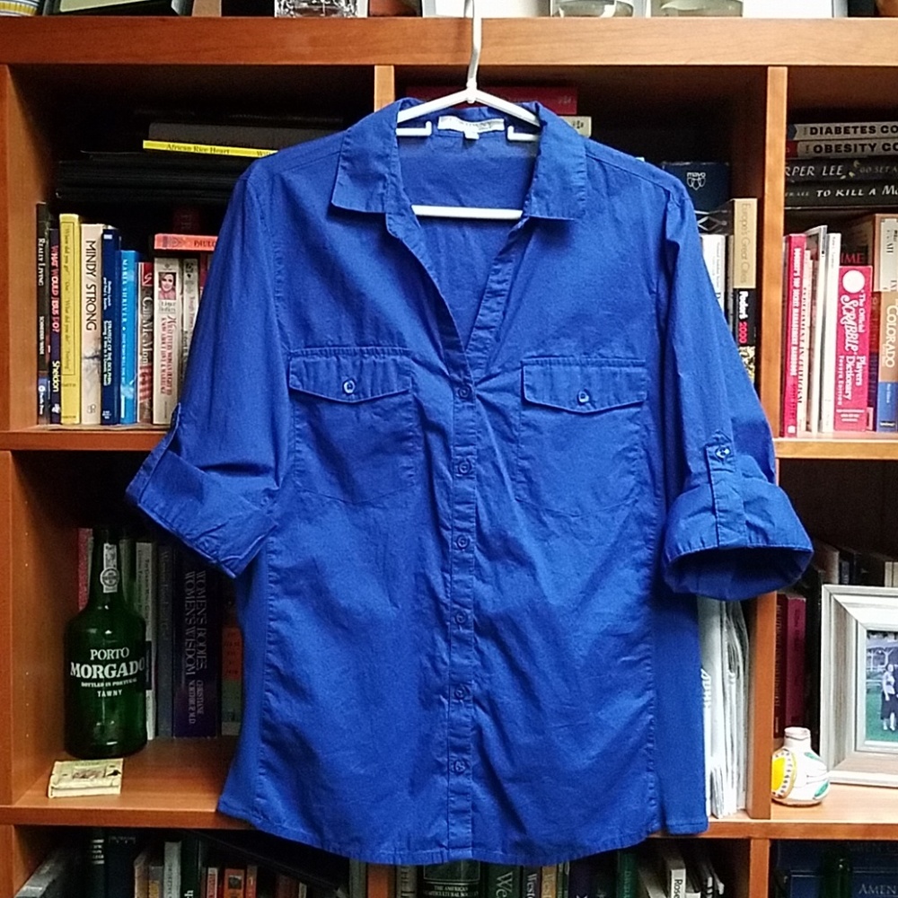 Ellen Tracy 3/4 Sleeve Button Down Shirt Blue XL